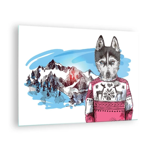 Üveg kép - Husky pulóverben, a háttérben hegyekkel - 70x50cm - Farkas báránygyapjúban - Modern fali dekoráció nappalihoz és hálószobához ARTTOR