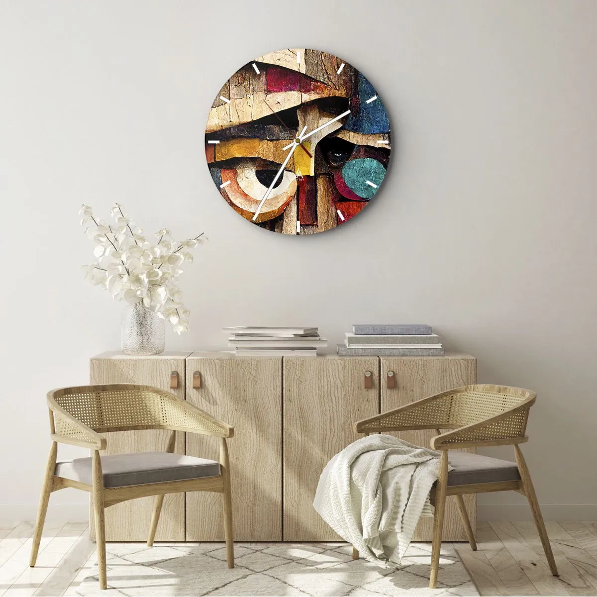 Falióra, Óra - Színes arc geometrikus alakzatokból készült fából készült mozaik stílusában - 30x30cm - Látlak téged... - Modern fali dekoráció nappalihoz, konyhához és hálószobához ARTTOR