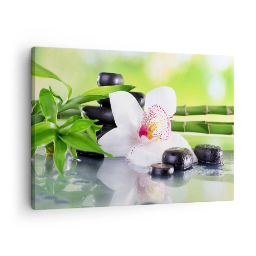 Vászonkép - Orchidea, kövek és bambusz harmonikus spa kompozícióban - 70x50cm - Hűvös frissesség - Modern fali dekoráció nappalihoz és hálószobához ARTTOR
