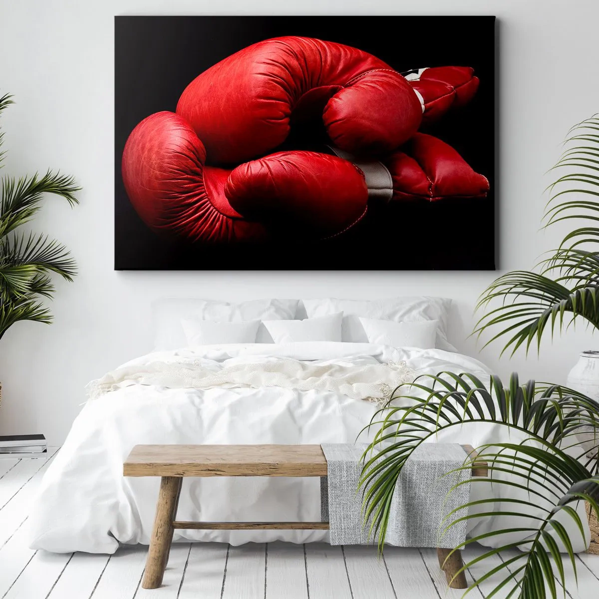 Vászonkép - Piros bokszkesztyűk fekete alapon - 70x50cm - A küzdelem érzelmei mögöttünk vannak - Modern fali dekoráció nappalihoz és hálószobához ARTTOR