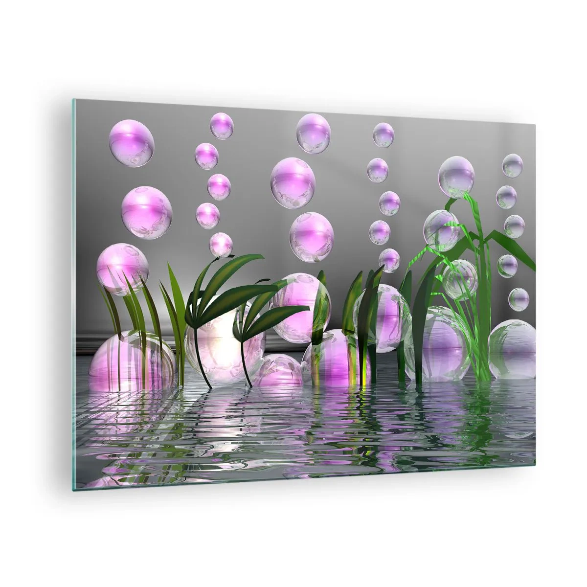 Üveg kép - Lila buborékok lebegnek a víz felett növényekkel - 70x50cm - A könnyedség és az élet tükröződő kompozíciója - Modern fali dekoráció nappalihoz és hálószobához ARTTOR