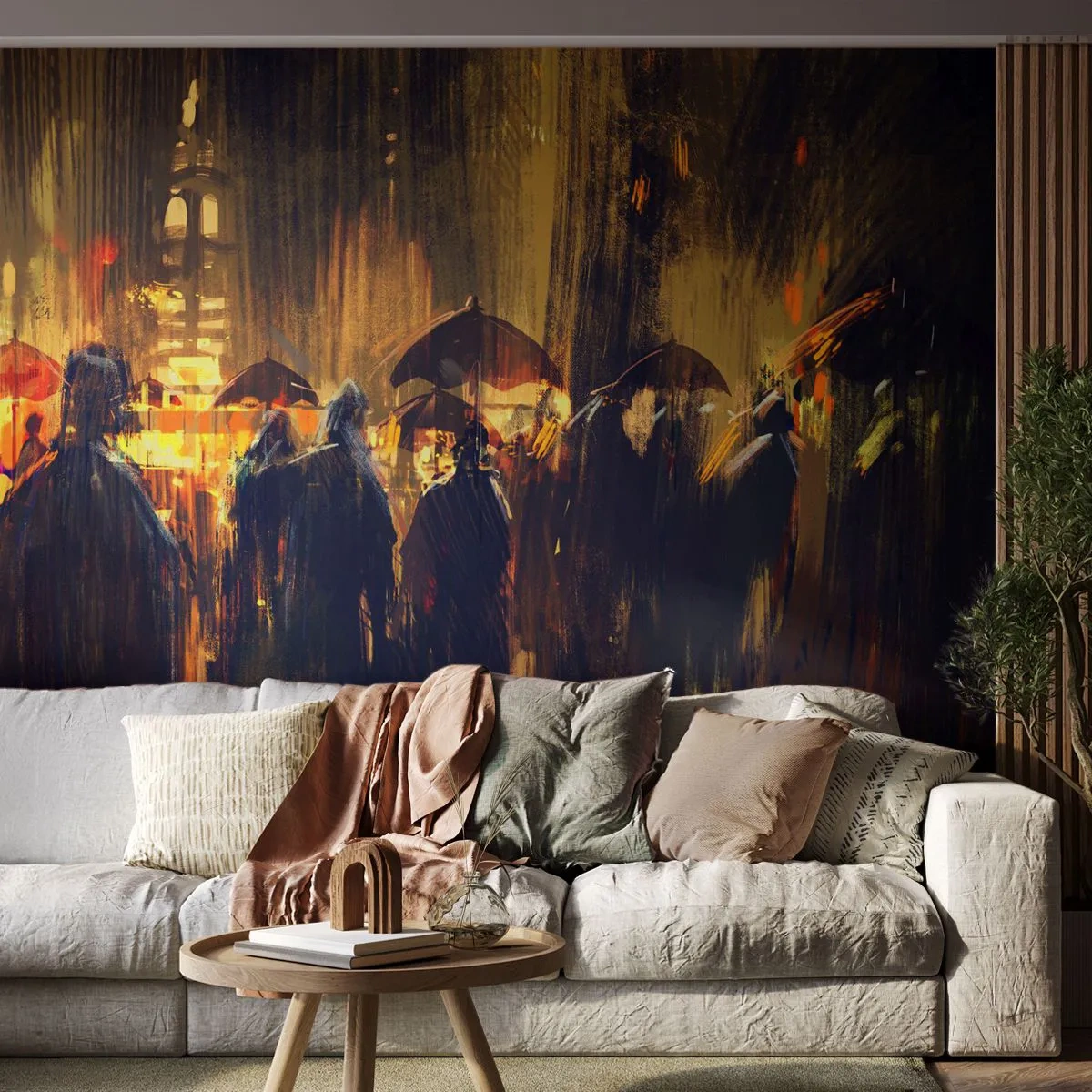 Fotótapéta Premium Sand - Az eső imádói - Város, Emberek, Esernyő - 100x70 cm