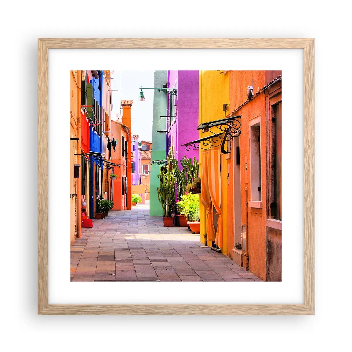 Poszter világos tölgy keretben - Szivárványos sikátor - 40x40 cm