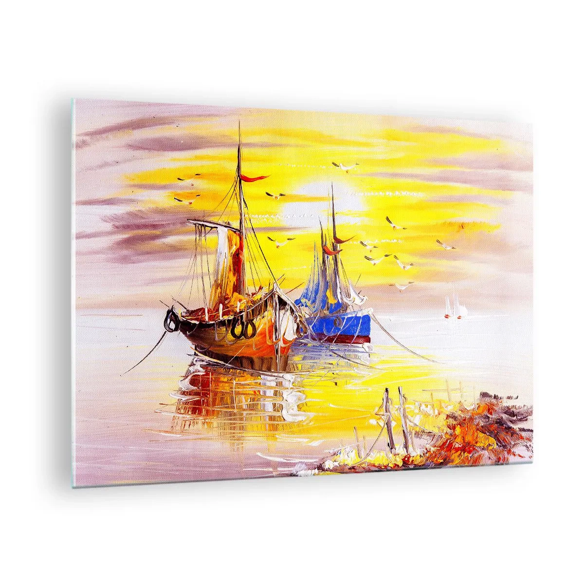 Üveg kép - Halászhajók naplementekor nyugodt vízen - 70x50cm - Megérdemelt pihenés a kikötőben - Modern fali dekoráció nappalihoz és hálószobához ARTTOR
