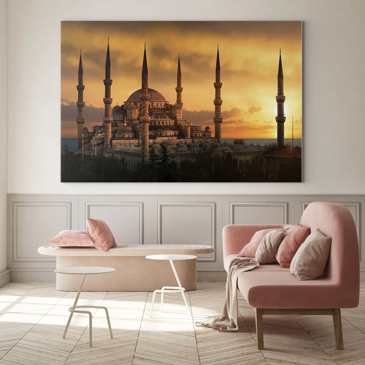 Üveg kép - A Kék Mecset a naplemente hátterében - 70x50cm - Isten hatalmas - Modern fali dekoráció nappalihoz és hálószobához ARTTOR