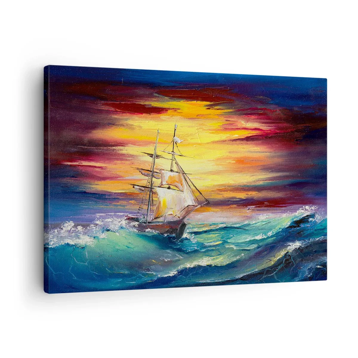 Vászonkép - Egy vitorlás hajó egy színes naplemente hátterében - 70x50cm - Bátran a hullámok alatt - Modern fali dekoráció nappalihoz és hálószobához ARTTOR