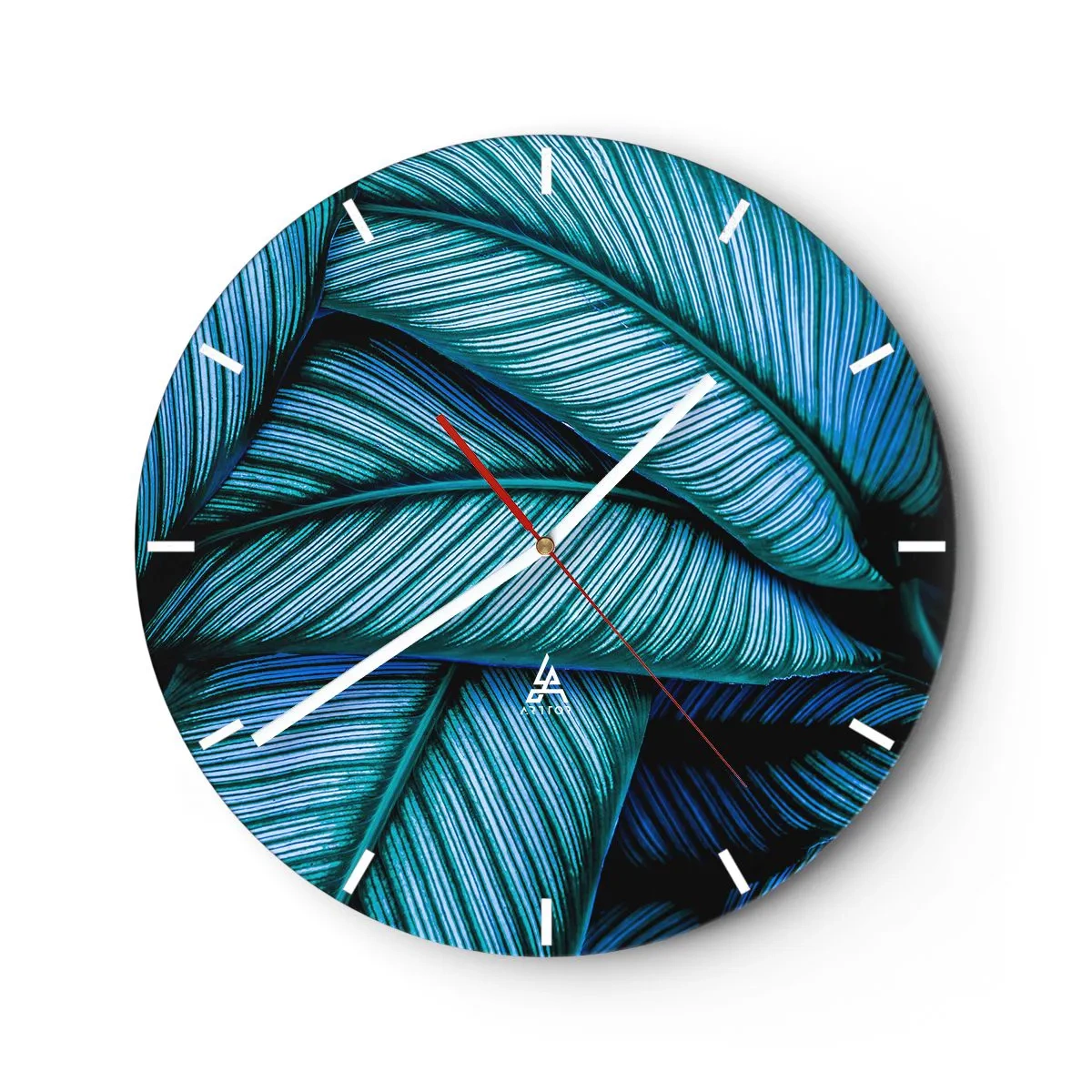 Falióra, Óra - Türkiz és sötétkék árnyalatú tollak közeli képe - 30x30cm - Életvonalak - Modern fali dekoráció nappalihoz, konyhához és hálószobához ARTTOR