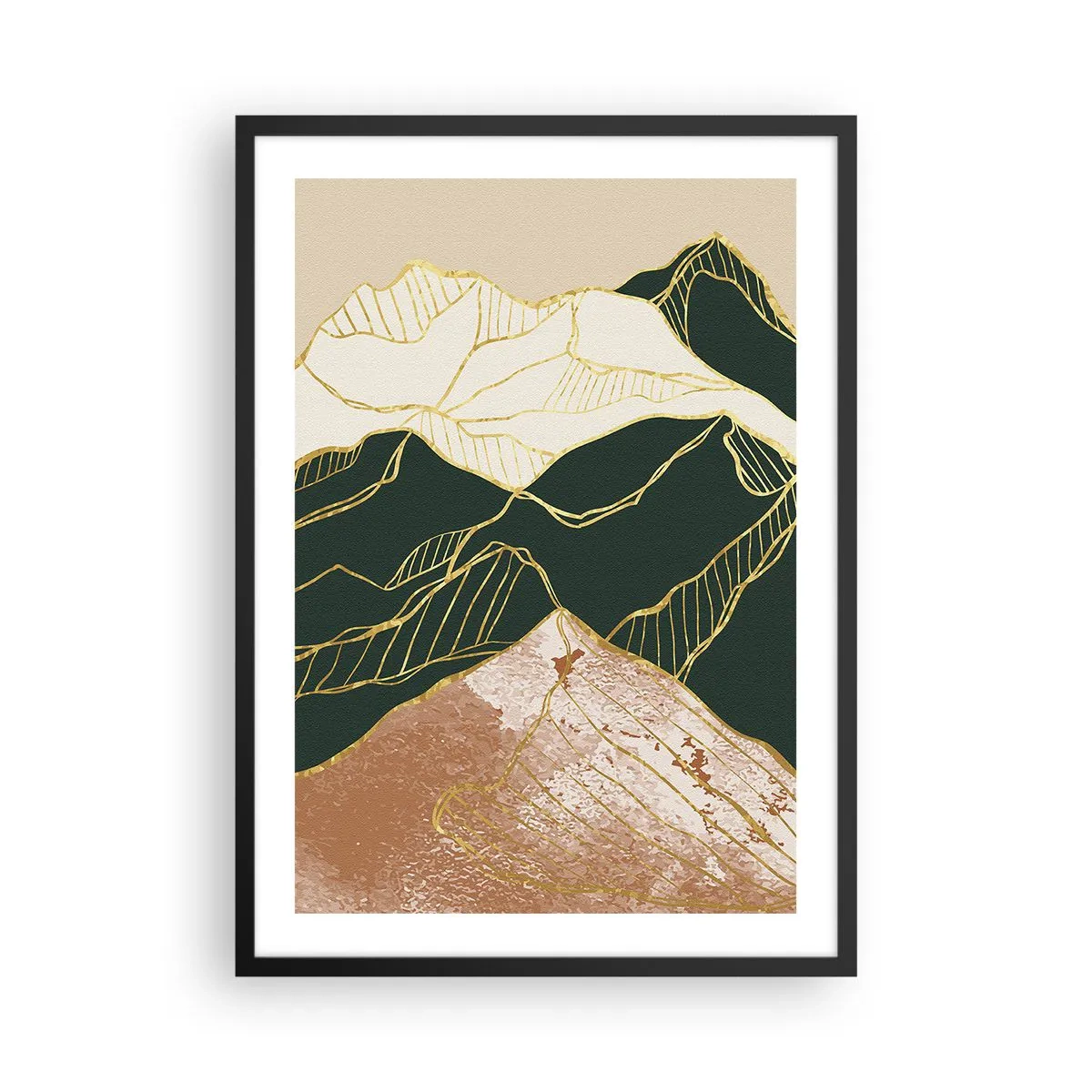 Poszter fehér keretben - Absztrakt arany vonalak hegyi tájat hoznak létre - 50x70cm - Arany csúcsok - Modern fali dekoráció nappalihoz és hálószobához ARTTOR