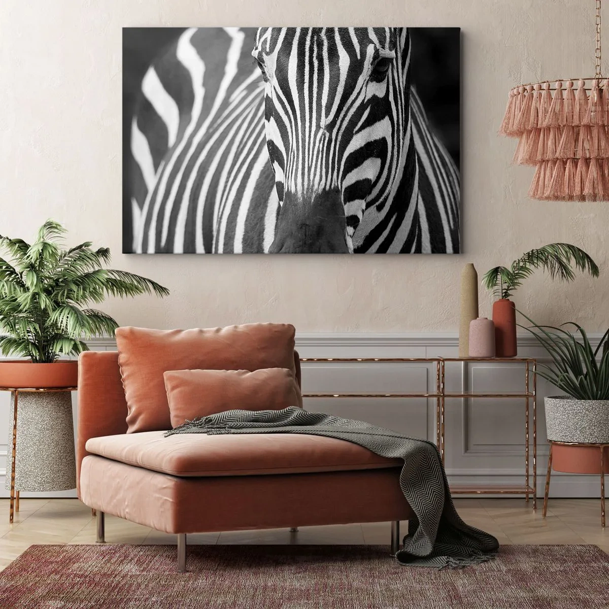 Vászonkép - Egy fekete-fehér közeli kép egy jellegzetes csíkos zebráról. - 70x50cm - A világ fekete-fehér - Modern fali dekoráció nappalihoz és hálószobához ARTTOR
