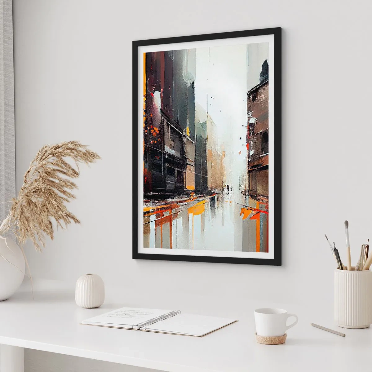 Poszter fehér keretben - Absztrakt városi panoráma szürke és narancssárga árnyalatokban - 50x70cm - Esős nap - Modern fali dekoráció nappalihoz és hálószobához ARTTOR