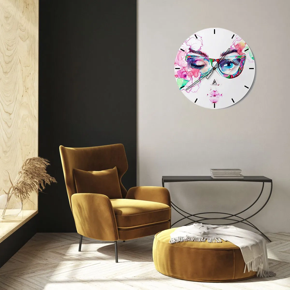 Falióra, Óra - Akvarell portré színes szemüveggel és virágokkal - 30x30cm - Csábító ígéret - Modern fali dekoráció nappalihoz, konyhához és hálószobához ARTTOR