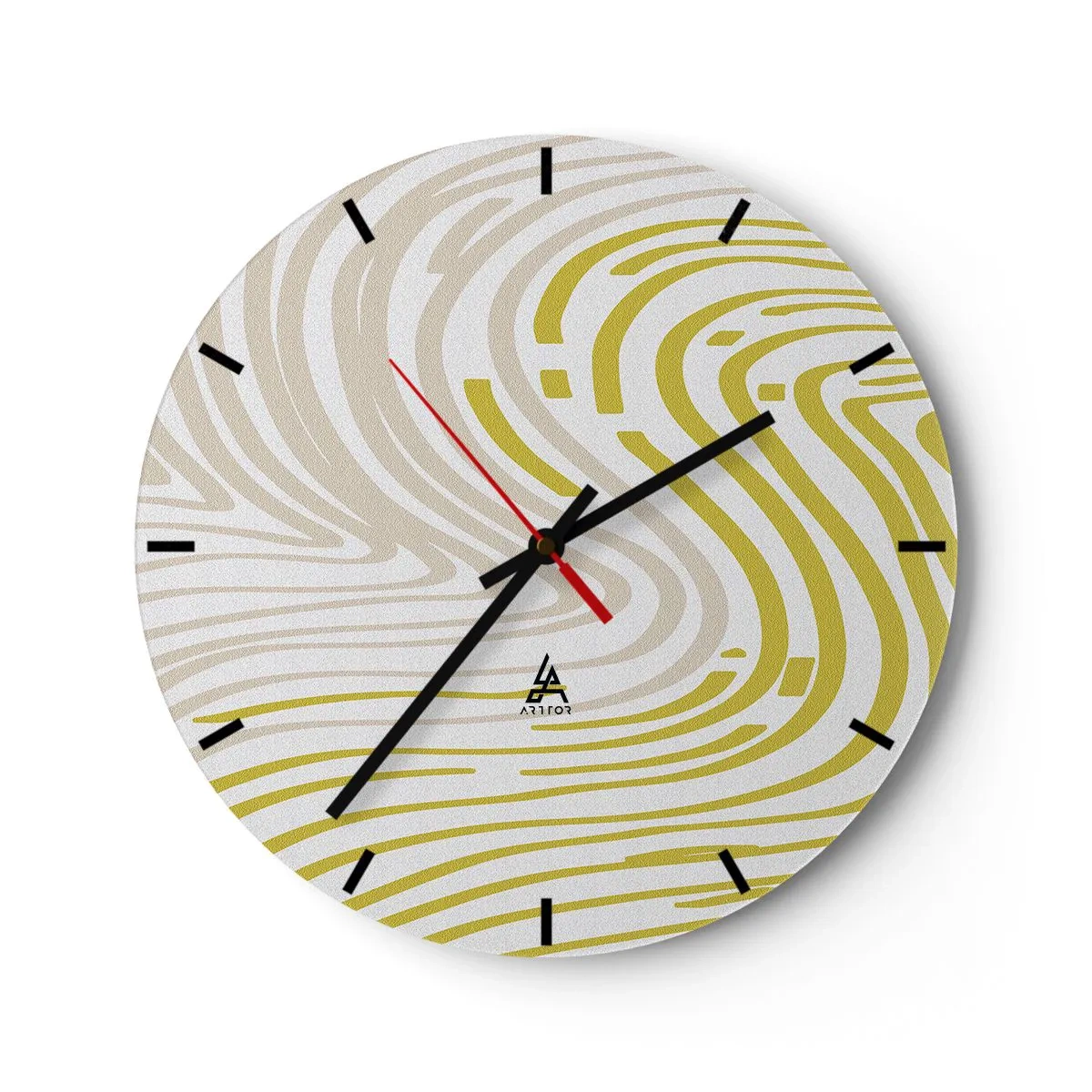 Falióra, Óra - A bézs és sárga absztrakt vonalak örvénylő mintát hoznak létre. - 30x30cm - Kompozíció szelíd kanyarral - Modern fali dekoráció nappalihoz, konyhához és hálószobához ARTTOR