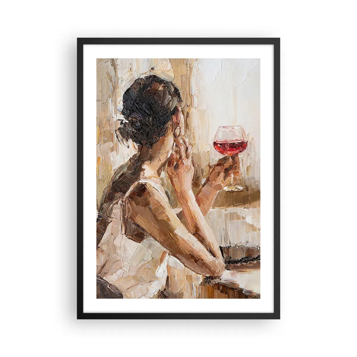 Poszter fehér keretben - Egy nő egy pohár borral a kezében, elgondolkodónak tűnve - 50x70cm - Egy jó pillanat íze - Modern fali dekoráció nappalihoz és hálószobához ARTTOR
