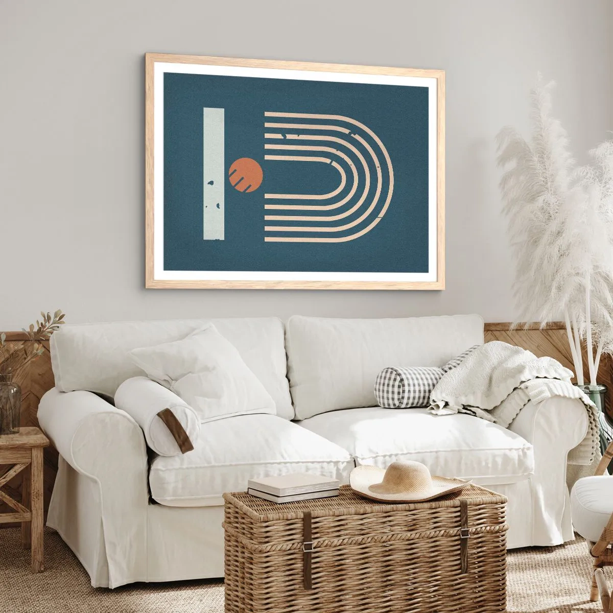 Poszter világos tölgy keretben - Geometria sötétkék háttéren - 91x61 cm