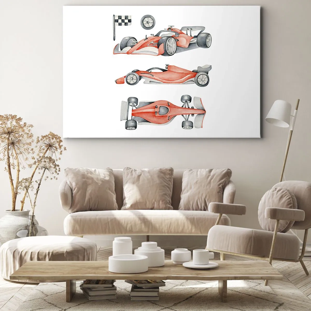 Vászonkép - Egy piros versenyautó kockás zászlóval - 70x50cm - Egy álom elérése - Modern fali dekoráció nappalihoz és hálószobához ARTTOR