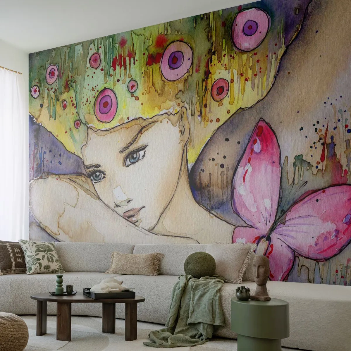 Fotótapéta Standard Eco - Akvarell illusztráció egy nőről színes részletekkel és egy pillangóval - 100x70cm - Pillangó hercegnő - Modern fali dekoráció nappalihoz és hálószobához ARTTOR