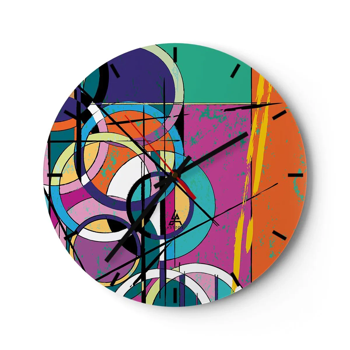 Falióra, Óra - Élénk színű, absztrakt, geometrikus motívummal díszített óralap. - 30x30cm - Kerékről kerékre - Modern fali dekoráció nappalihoz, konyhához és hálószobához ARTTOR