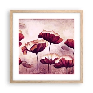 Poszter világos tölgy keretben - Piros és fehér szirom - 40x40 cm