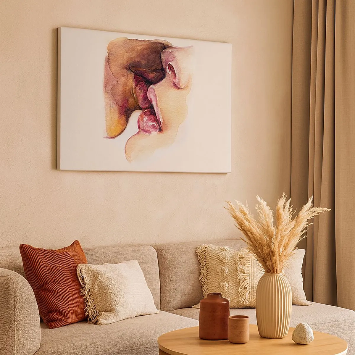 Vászonkép - Egy arc közeli képét ábrázoló akvarellfestmény - 70x50cm - Mint éjszaka és nap, föld és ég - Modern fali dekoráció nappalihoz és hálószobához ARTTOR