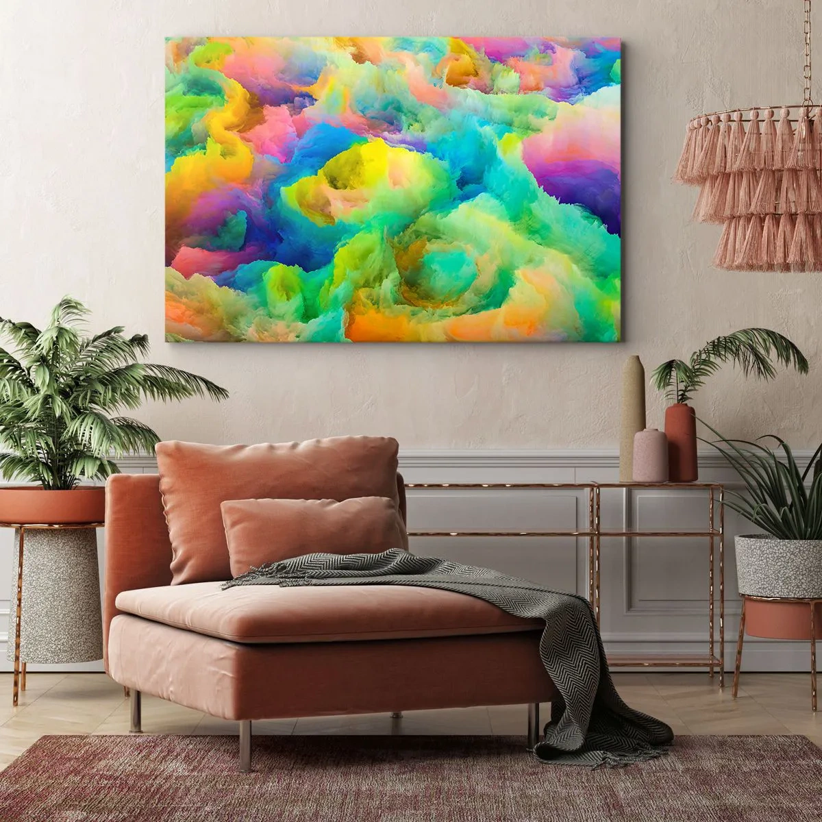 Vászonkép - Absztrakt kompozíció szivárvány színeiben - 70x50cm - Szivárványos pehely - Modern fali dekoráció nappalihoz és hálószobához ARTTOR