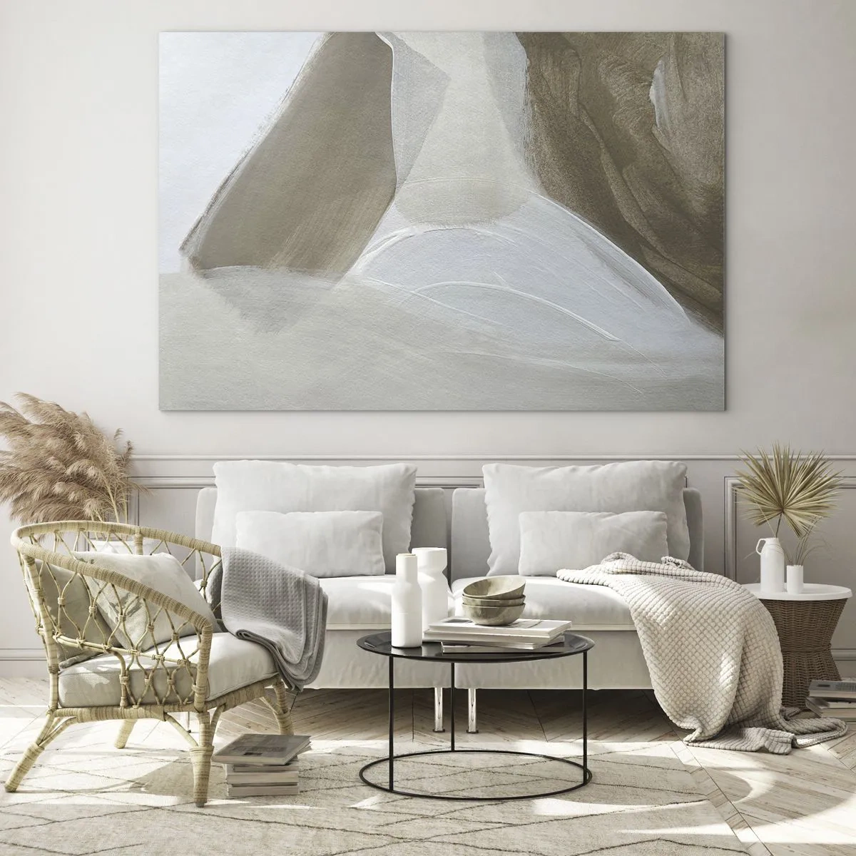 Üveg kép - Finom absztrakció fehér és bézs színben, lágy ecsetvonásokkal. - 70x50cm - Fehér hullámai - Modern fali dekoráció nappalihoz és hálószobához ARTTOR