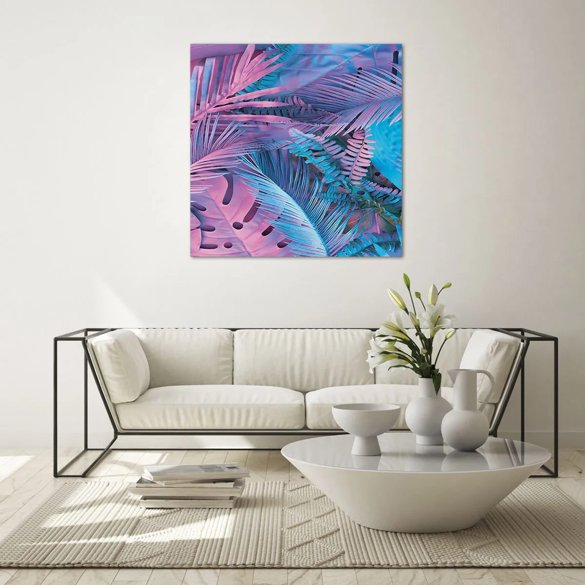 Üveg kép - Trópusok rózsaszínben és kékben - 50x50 cm
