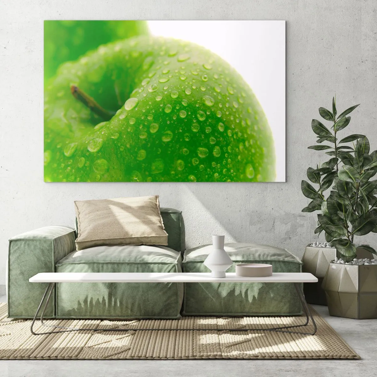 Üveg kép - Egy zöld alma, vízcseppekkel borítva - 70x50cm - Zöld hűvös frissesség - Modern fali dekoráció nappalihoz és hálószobához ARTTOR