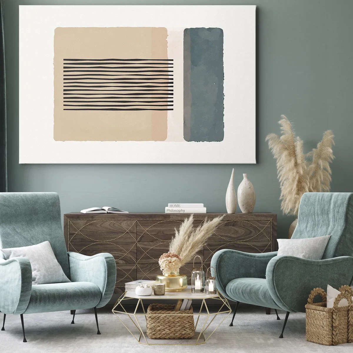 Vászonkép - Minimalista geometrikus formák bézs és zöld árnyalatokban - 70x50cm - Minden rendben - Modern fali dekoráció nappalihoz és hálószobához ARTTOR