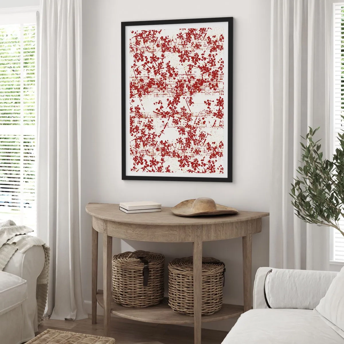 Poszter fehér keretben - Piros virágos díszítések világos háttéren - 50x70cm - Mint egy régi perkál - Modern fali dekoráció nappalihoz és hálószobához ARTTOR