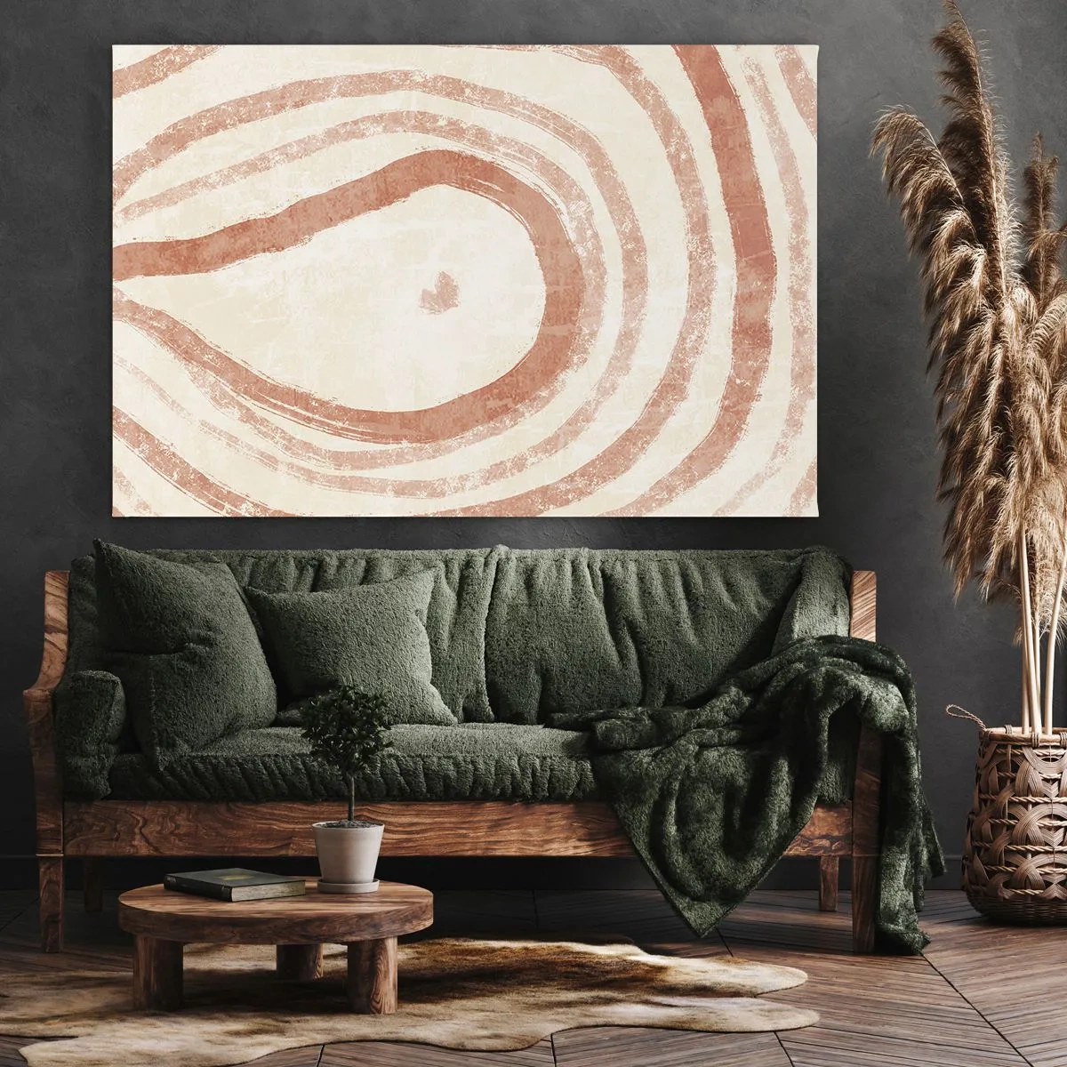 Vászonkép - Koncentrikus vonalakból álló absztrakt motívum terrakotta árnyalatokban. - 70x50cm - Korallkörök - kompozíció - Modern fali dekoráció nappalihoz és hálószobához ARTTOR