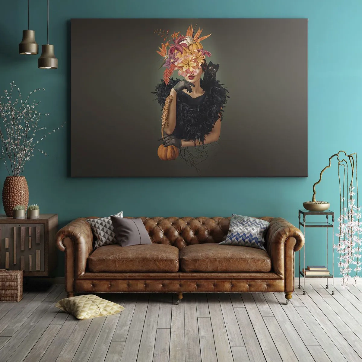 Vászonkép - Őszi motívumokkal díszített nő portréja macskával - 70x50cm - Egy boszorkány mágiája - Modern fali dekoráció nappalihoz és hálószobához ARTTOR