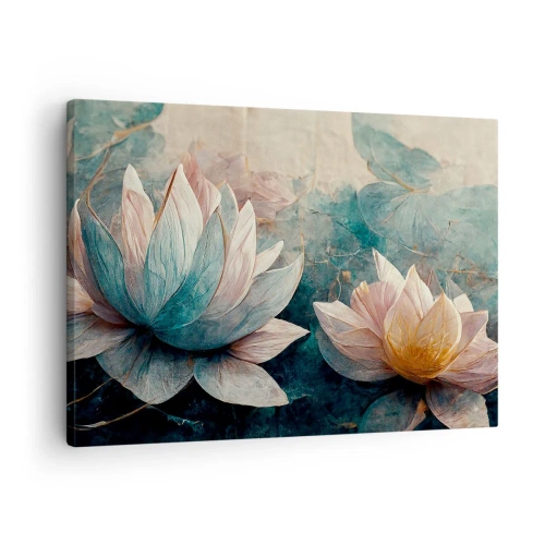 Vászonkép - Finom tavirózsák pasztell kék és arany árnyalatokban - 70x50cm - Tavi csillagok - Modern fali dekoráció nappalihoz és hálószobához ARTTOR