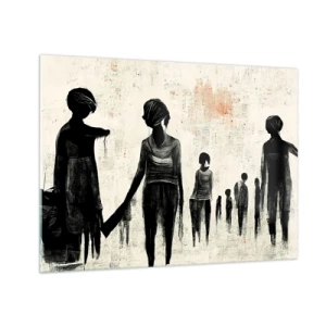 Üveg kép - Mozgó fekete alakok világos, piros textúrájú háttéren - 70x50cm - A magány ellen - Modern fali dekoráció nappalihoz és hálószobához ARTTOR