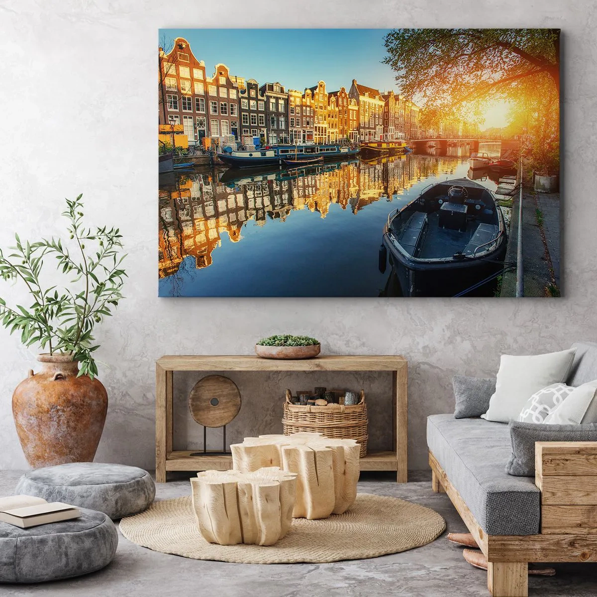 Vászonkép - Amszterdami csatorna naplementekor - 70x50cm - Reggel Amszterdamban - Modern fali dekoráció nappalihoz és hálószobához ARTTOR