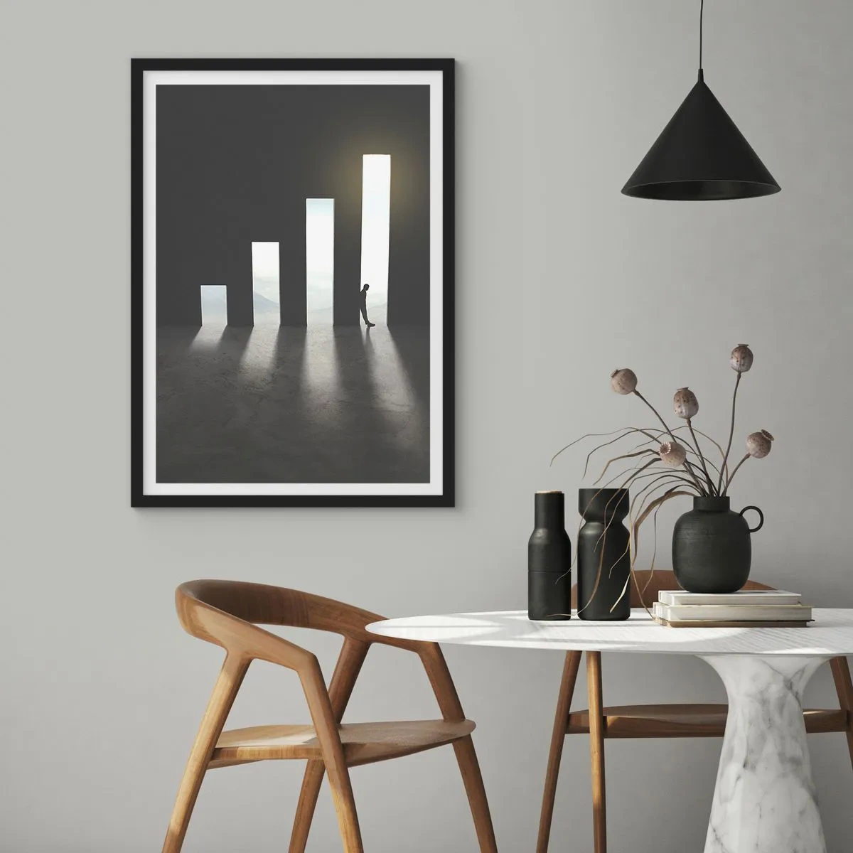 Poszter fehér keretben - Egy szimbolikus ajtó grafikon formájában, ábrával - 50x70cm - Siker - egy benyomás - Modern fali dekoráció nappalihoz és hálószobához ARTTOR