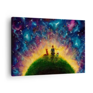 Vászonkép - Alakok egy zöld dombon, csillagos égbolttal körülvéve - 70x50cm - Szerelem és barátság – az egész világ - Modern fali dekoráció nappalihoz és hálószobához ARTTOR