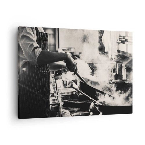 Vászonkép - Egy szakács dolgozik a konyhában, miközben gőz száll fel a serpenyőből. - 70x50cm - Az ízek alkímiája - Modern fali dekoráció nappalihoz és hálószobához ARTTOR