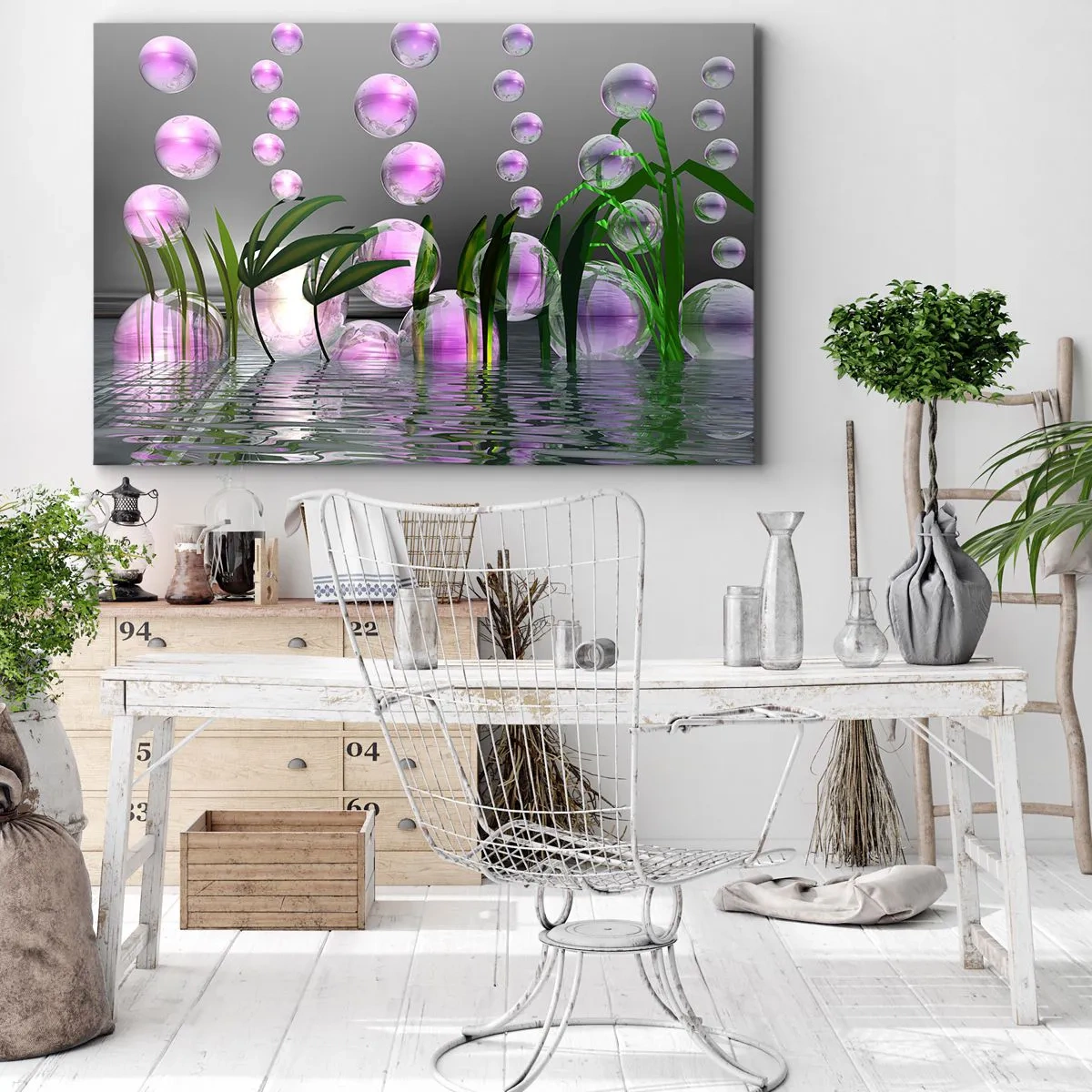 Vászonkép - Zöld levelek és rózsaszín buborékok a víz felett szürke háttéren - 70x50cm - A könnyedség és az élet tükröződő kompozíciója - Modern fali dekoráció nappalihoz és hálószobához ARTTOR