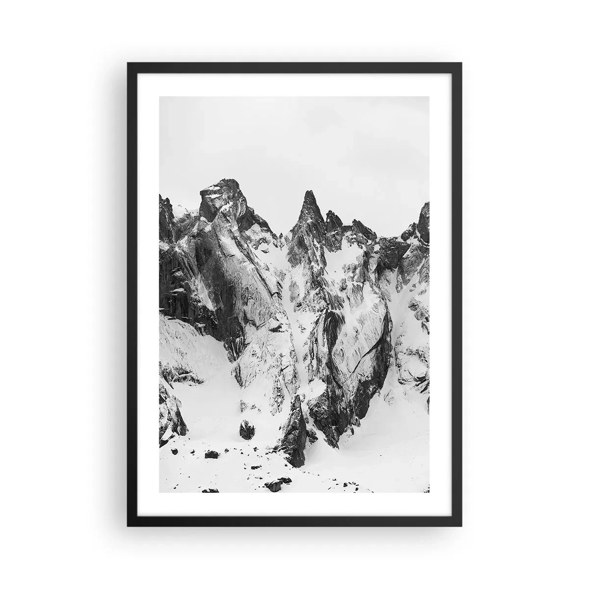 Poszter fehér keretben - Egy zord hegyi táj fekete-fehérben - 50x70cm - Rémes gránit hegygerinc - Modern fali dekoráció nappalihoz és hálószobához ARTTOR