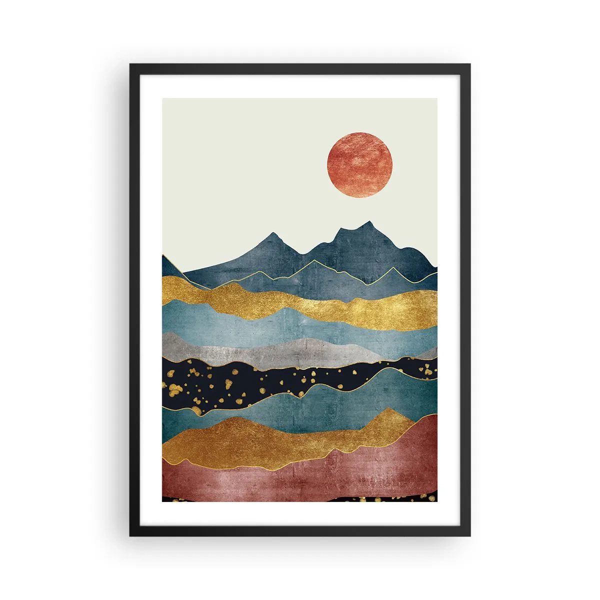 Poszter fehér keretben - Absztrakt hegyek arany, kék és piros árnyalataiban - 50x70cm - A világ keresztmetszete - Modern fali dekoráció nappalihoz és hálószobához ARTTOR