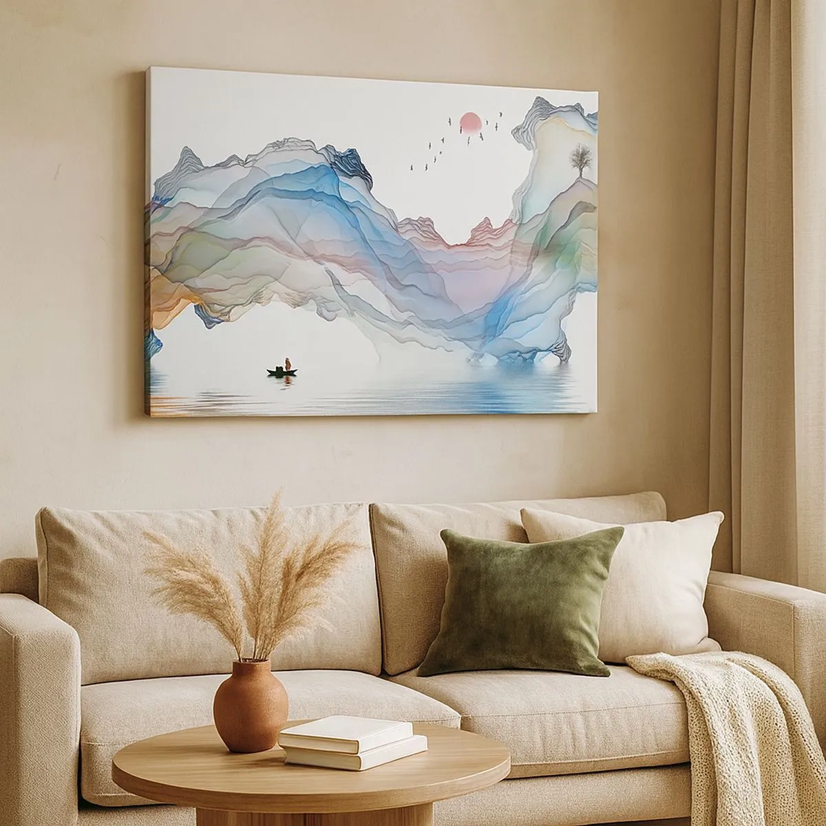 Vászonkép - Egy visszafogott táj hegyekkel, vízzel és egy hajóval - 70x50cm - A kristály hegyek felé - Modern fali dekoráció nappalihoz és hálószobához ARTTOR