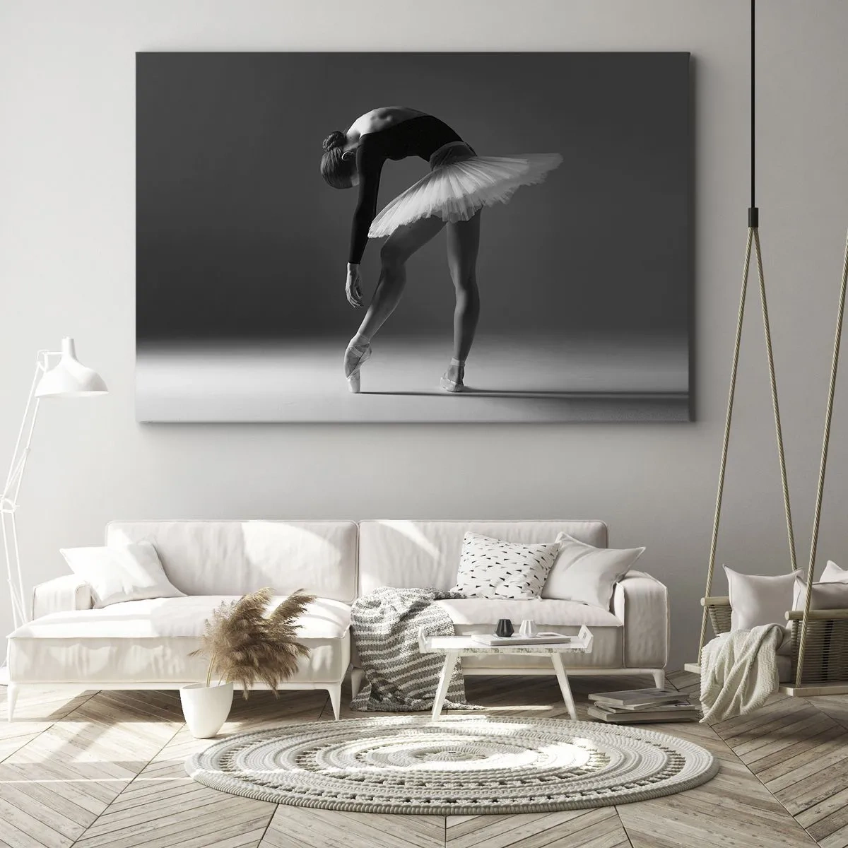 Vászonkép - Egy balerina elegáns pózban fekete-fehér háttér előtt - 70x50cm - Bella balerina - Modern fali dekoráció nappalihoz és hálószobához ARTTOR