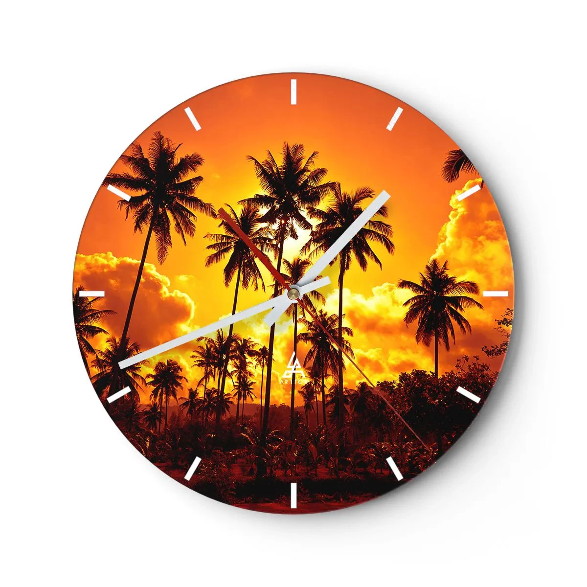 Falióra, Óra - Pálmafák a lenyugvó nap hátterében - 30x30cm - Égnek a hegyek, égnek az erdők - Modern fali dekoráció nappalihoz, konyhához és hálószobához ARTTOR