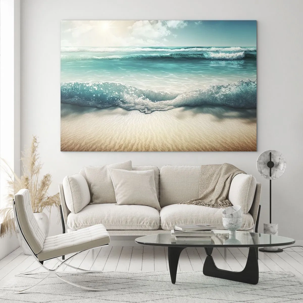 Üveg kép - Türkizkék óceáni hullámok csapkodják a homokos tengerpartot - 70x50cm - Az óceán nyugalma - Modern fali dekoráció nappalihoz és hálószobához ARTTOR