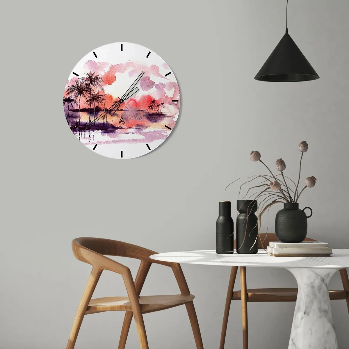 Falióra, Óra - Akvarell tájkép pálmafákkal naplementekor - 30x30cm - A trópusok nyugalma vörösben - Modern fali dekoráció nappalihoz, konyhához és hálószobához ARTTOR