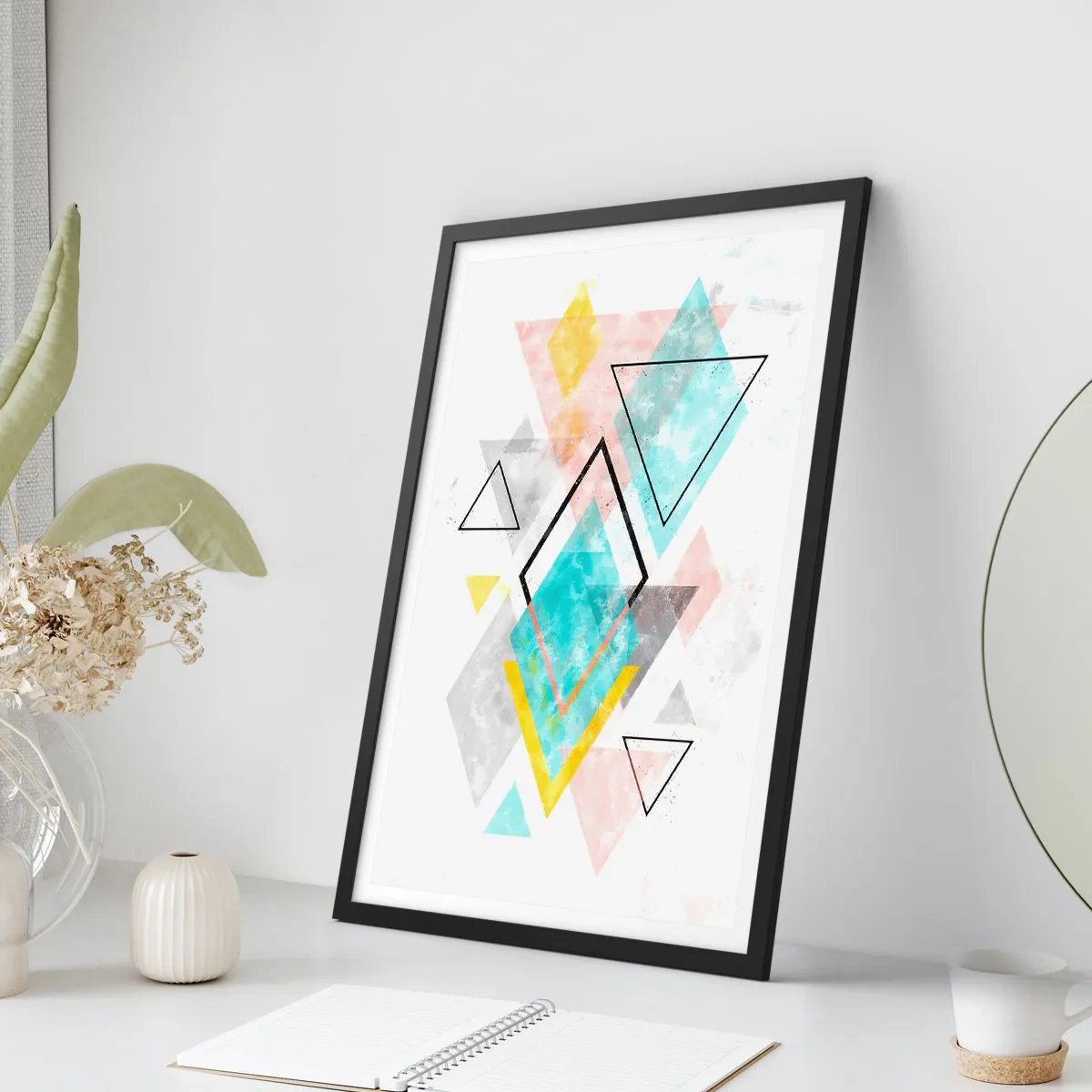 Poszter fehér keretben - Geometriai alakzatok színes kompozíciója fehér alapon - 50x70cm - Geometriai játék - Modern fali dekoráció nappalihoz és hálószobához ARTTOR