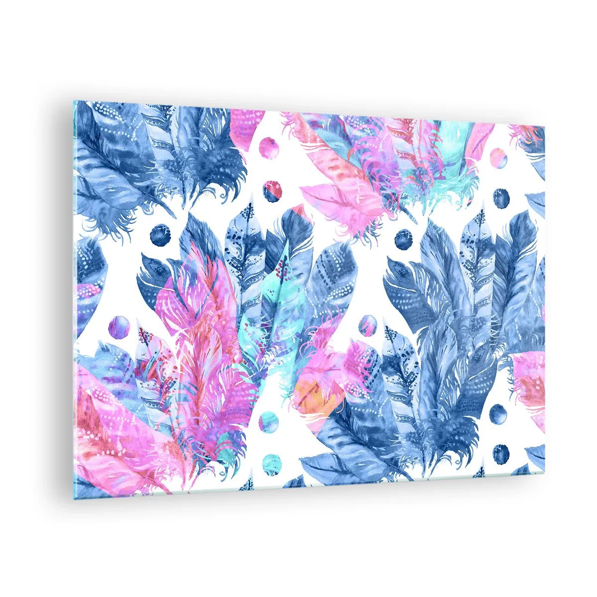 Üveg kép - Színes tollak rózsaszín és kék árnyalatokban fehér alapon - 70x50cm - Rózsaszín és kék tollak - Modern fali dekoráció nappalihoz és hálószobához ARTTOR