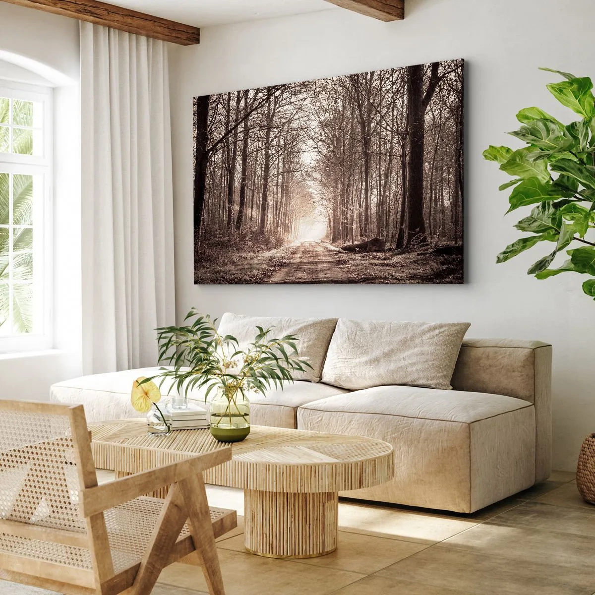 Vászonkép - Erdei ösvény szépiaszínű fák között - 70x50cm - Erdei katedrális - Modern fali dekoráció nappalihoz és hálószobához ARTTOR