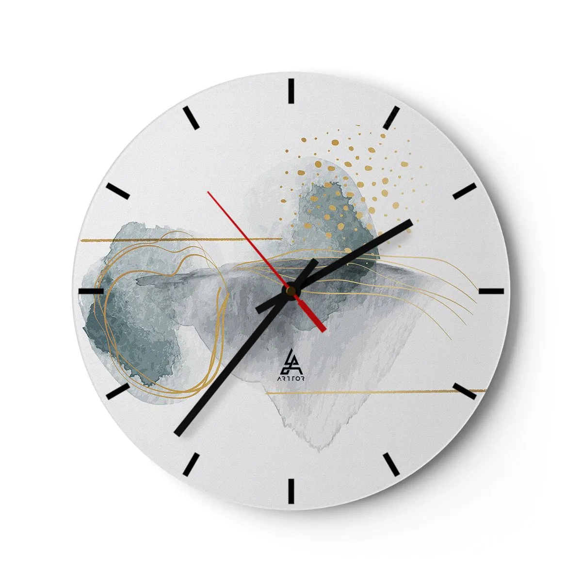 Falióra, Óra - Pasztell absztrakt formák arany vonalakkal és pöttyökkel fehér alapon. - 30x30cm - A szürkeség és az arany kapcsolatáról - Modern fali dekoráció nappalihoz, konyhához és hálószobához ARTTOR