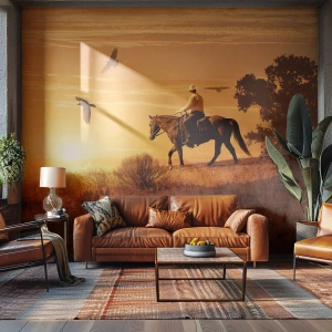 Fotótapéta Premium Sand - Egyedül a prérin keresztül - Ló, Cowboy, Tájkép - 100x70 cm